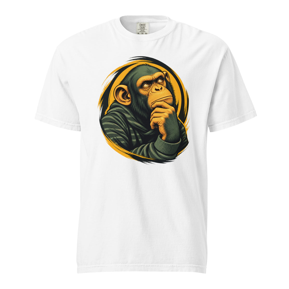 Front view of a white T-shirt featuring a thoughtful chimpanzee graphic with its hand resting on its chin.