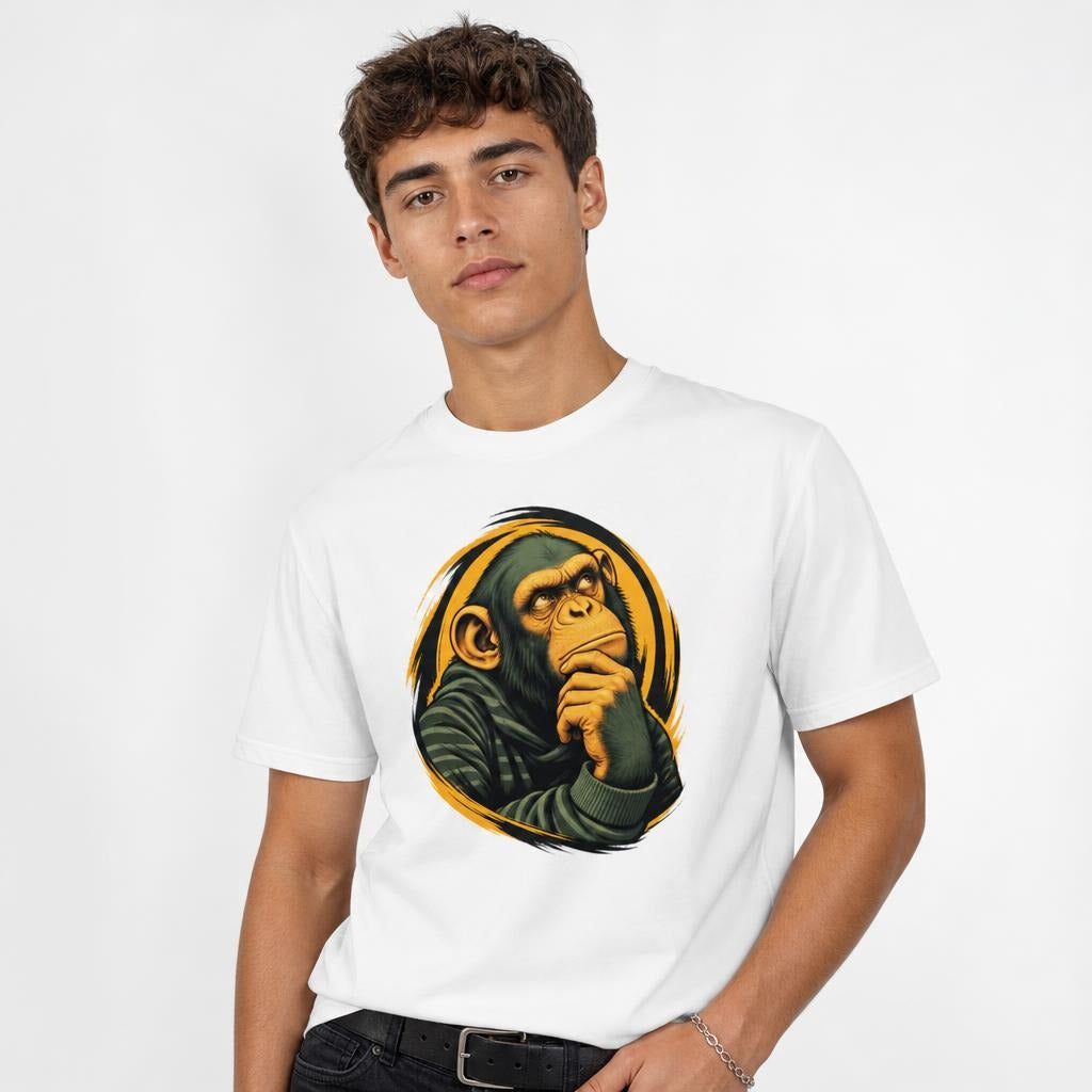 Front view of a model wearing a white T-shirt with a thoughtful chimpanzee graphic resting its chin on its hand.
