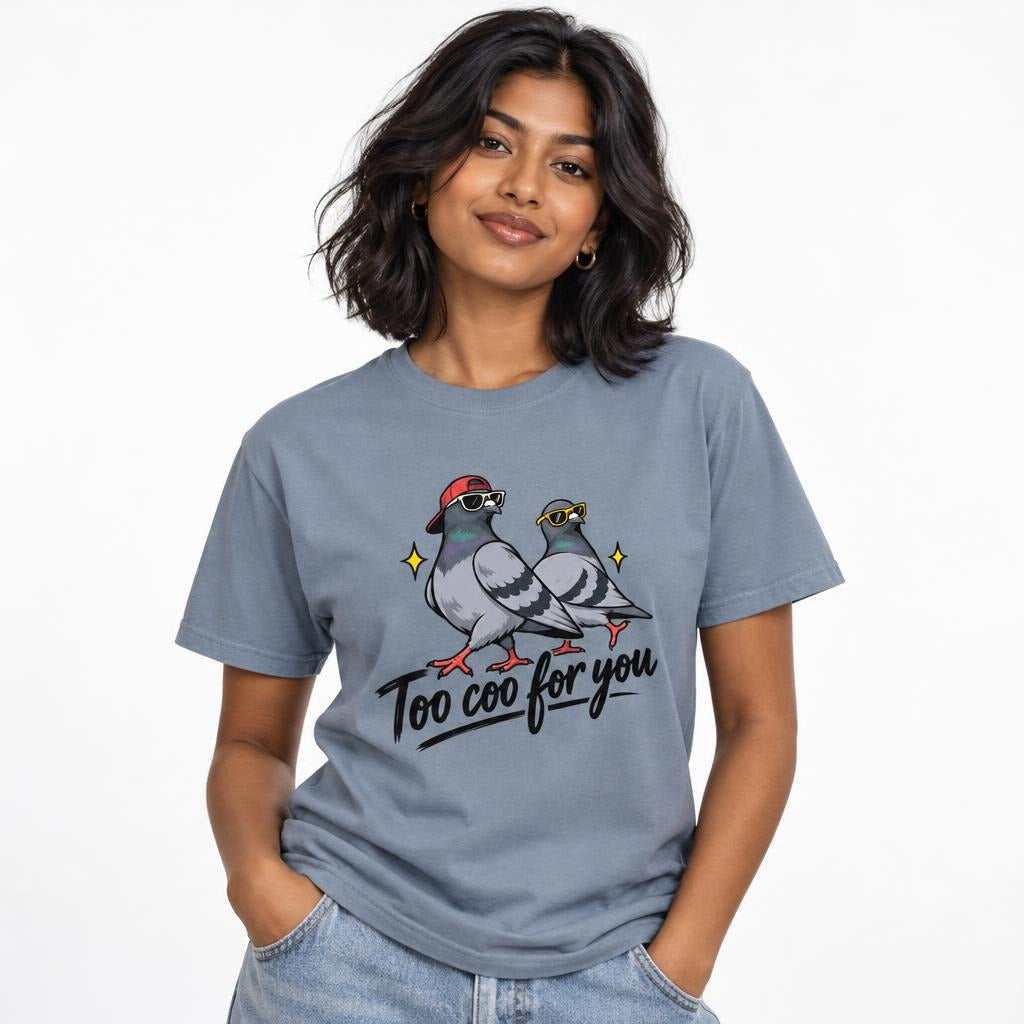 Model wearing a Blue Jean T-shirt with two cartoon pigeons in sunglasses above ‘Too coo for you’ lettering and yellow sparkles.