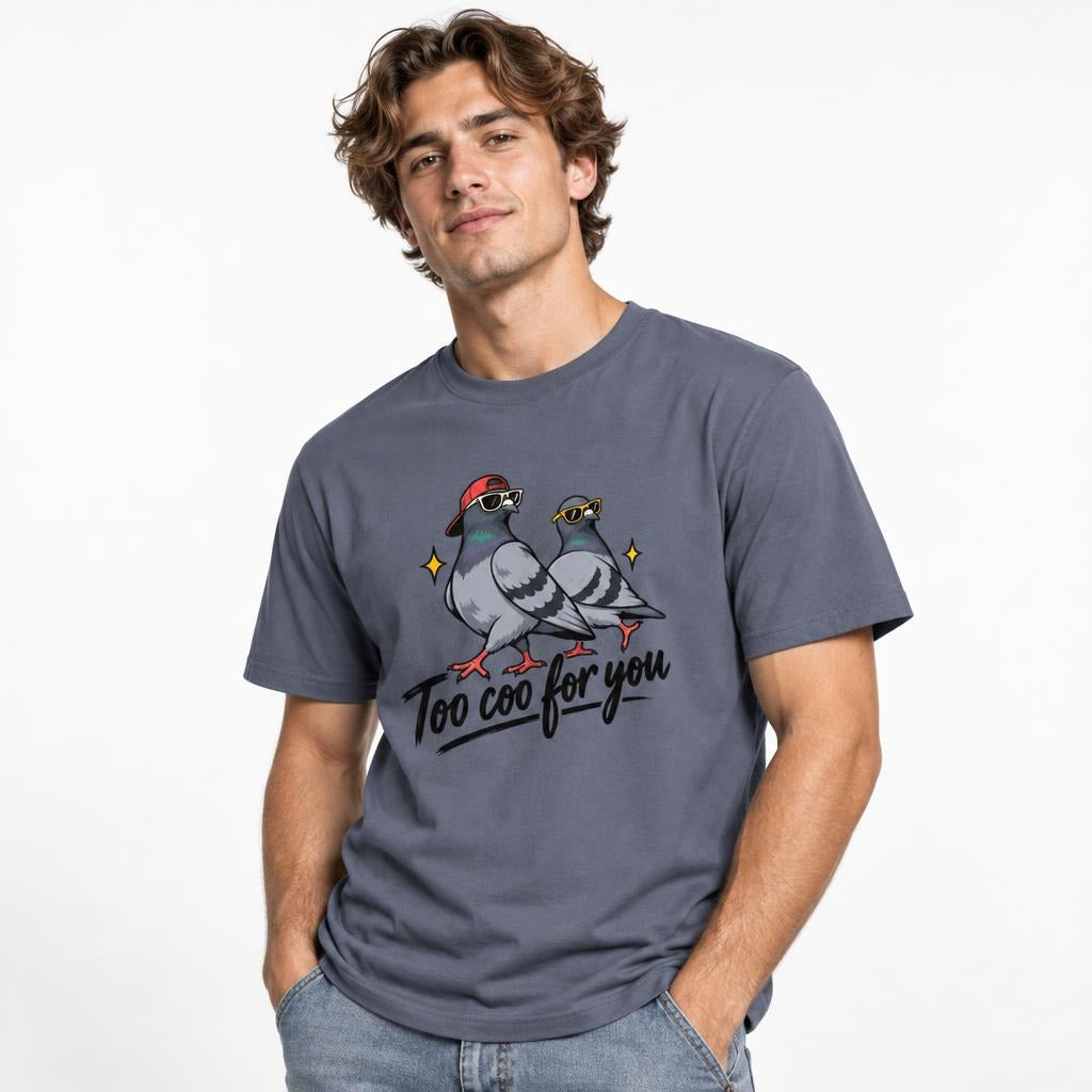 Model wearing a Denim T-Shirt with two cartoon pigeons in sunglasses, one in a backwards red cap, above ‘Too coo for you’.