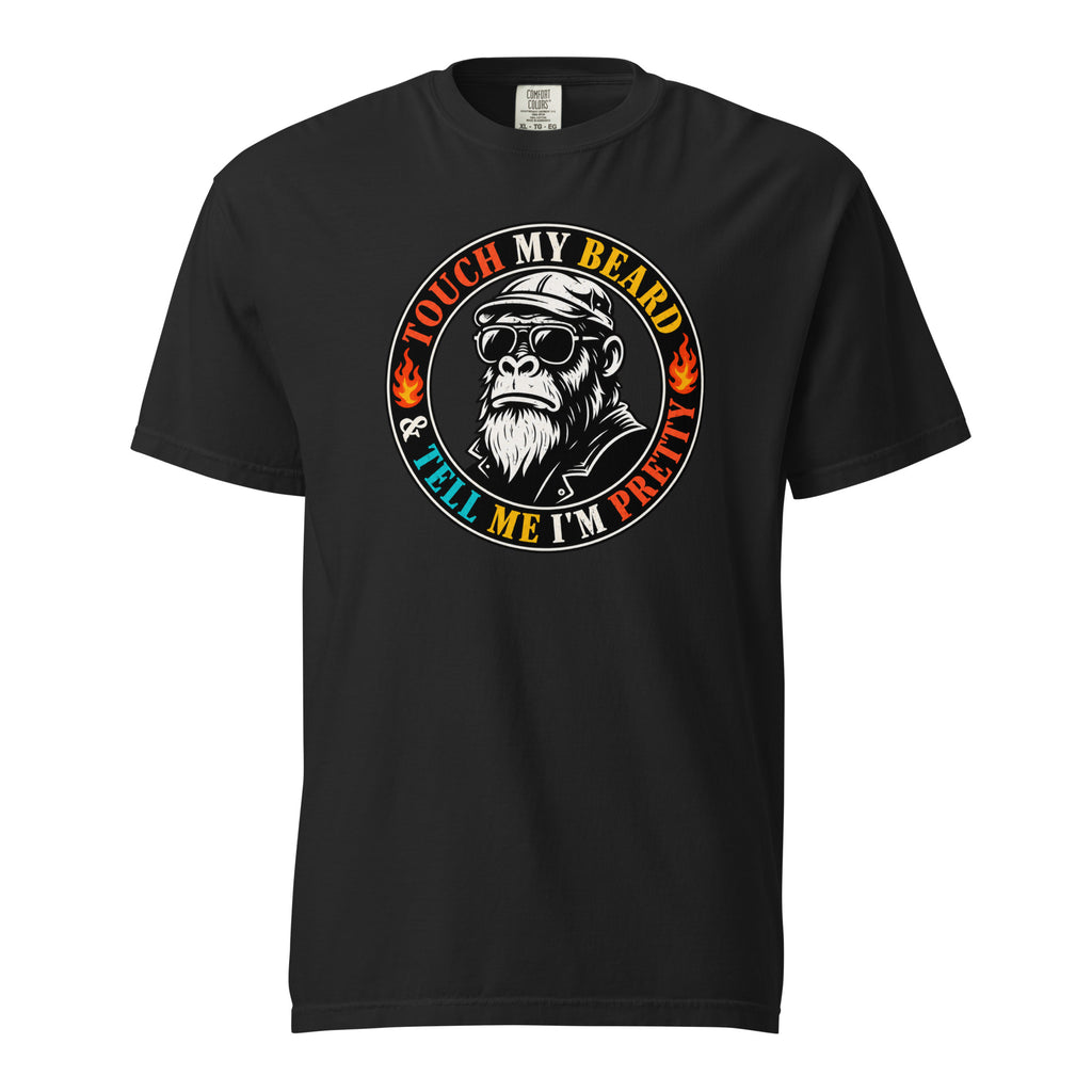 Front view of a black T-shirt featuring a circular graphic of a sunglass-wearing monkey in a cap and leather jacket, flames, and text.