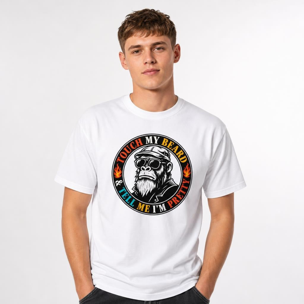 Model wearing a white T-shirt with a circular graphic of a sunglass-wearing monkey in a cap and leather jacket