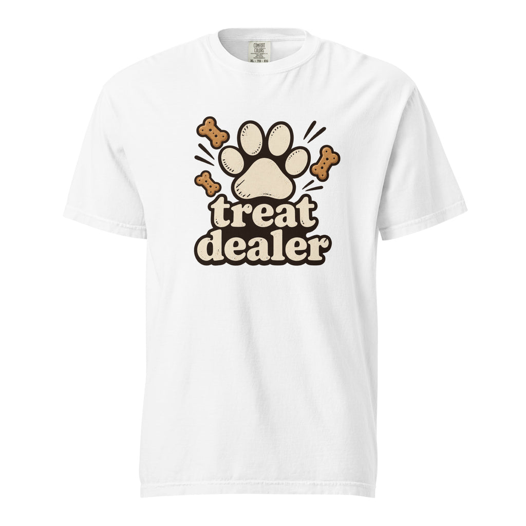 Front view of a white T-shirt with a paw print, three dog bones, and the words “treat dealer” in retro lettering.