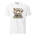 Front view of a white T-shirt with a paw print, three dog bones, and the words “treat dealer” in retro lettering.