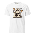 Front view of a white T-shirt with a paw print, three dog bones, and the words “treat dealer” in retro lettering.
