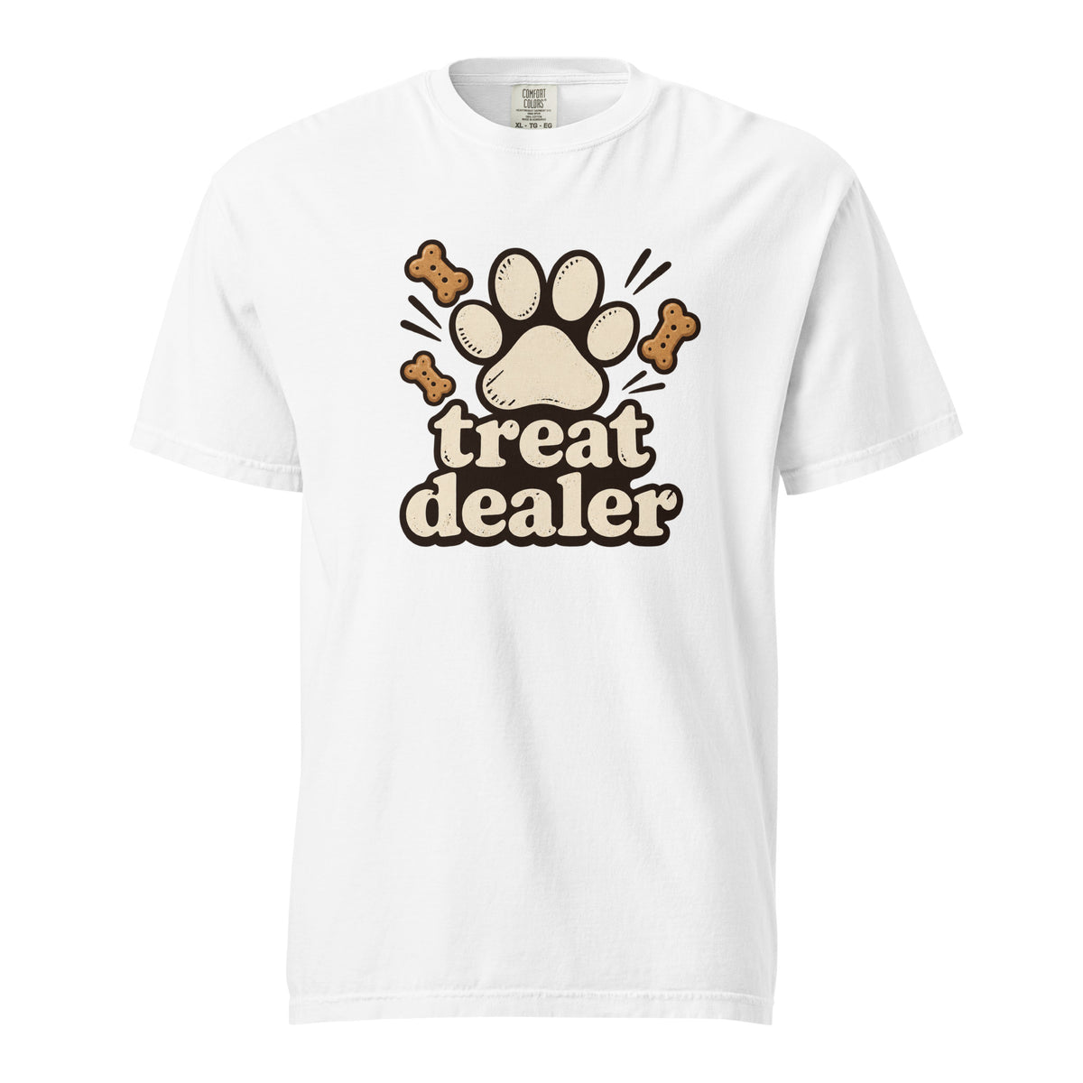 Front view of a white T-shirt with a paw print, three dog bones, and the words “treat dealer” in retro lettering.