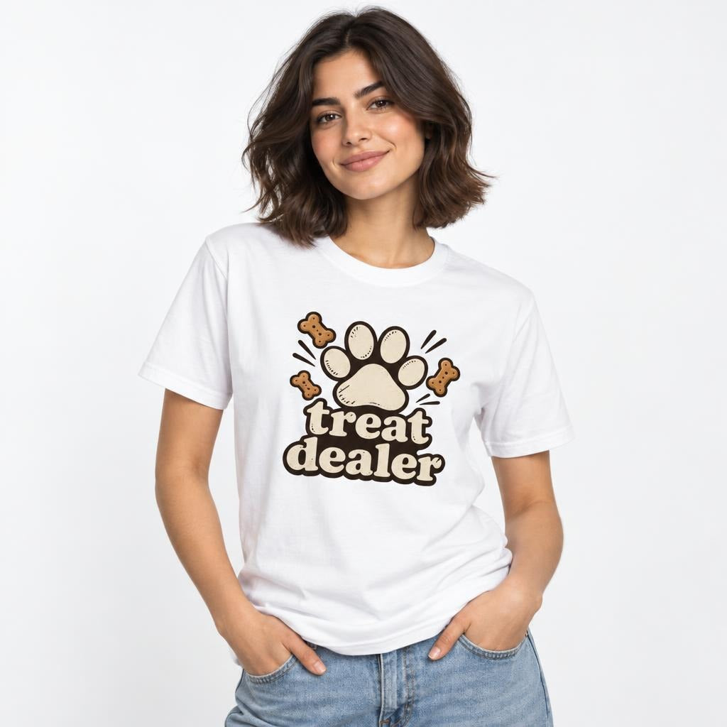 White T-shirt shown on a model, featuring “treat dealer” lettering with a central paw print and three dog-bone illustrations.