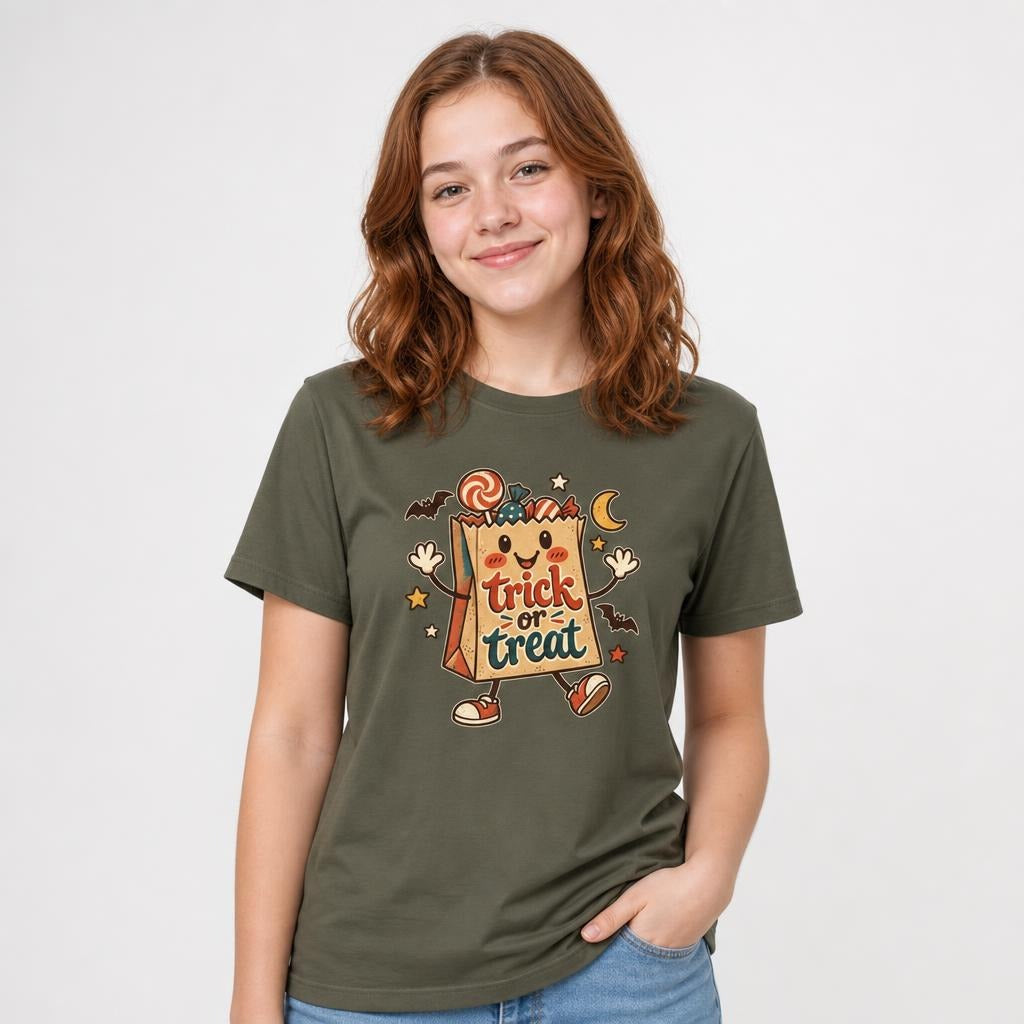 Trick Or Treat Bag Halloween t shirt in Military Green worn by a studio model in an upper-body side pose on a clean white background