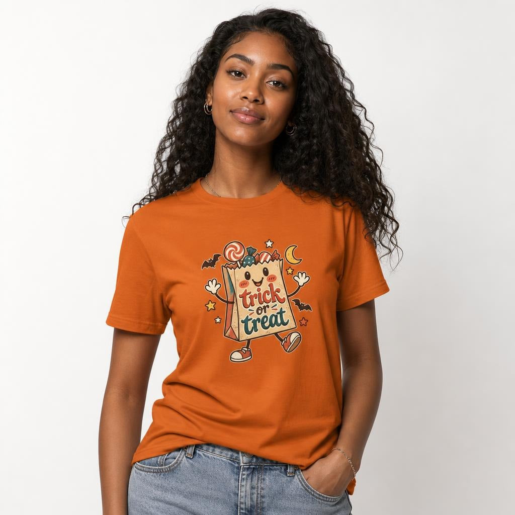 Trick Or Treat Candy Bag Character t shirt in Autumn worn by a studio model in an upper-body three quarter right pose on a clean white background