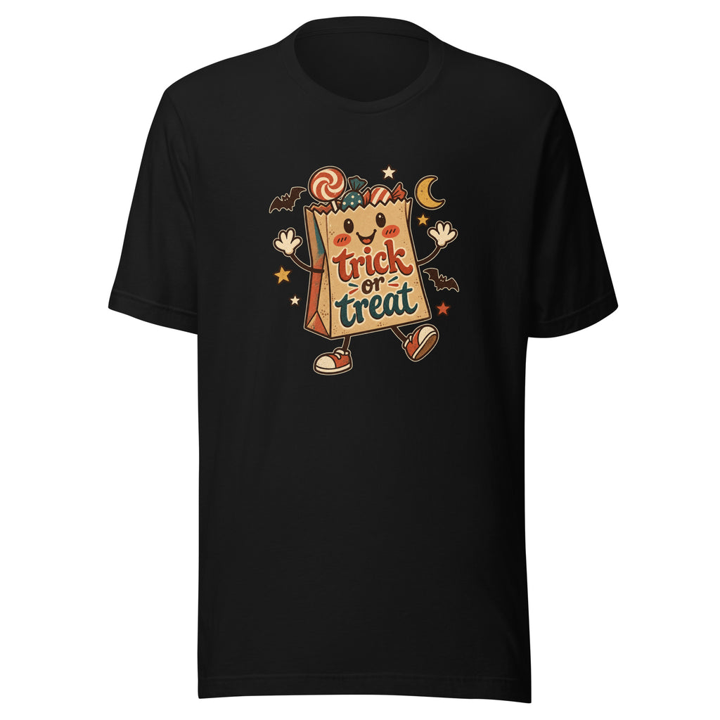 Black T-shirt featuring a cartoon trick-or-treat bag character with candy, stars, bats, and a crescent moon.