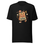 Black T-shirt featuring a cartoon trick-or-treat bag character with candy, stars, bats, and a crescent moon.