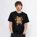 Trick Or Treat Candy Bag Character t shirt in Black worn by a studio model in an upper-body hands in pockets pose on a clean white background