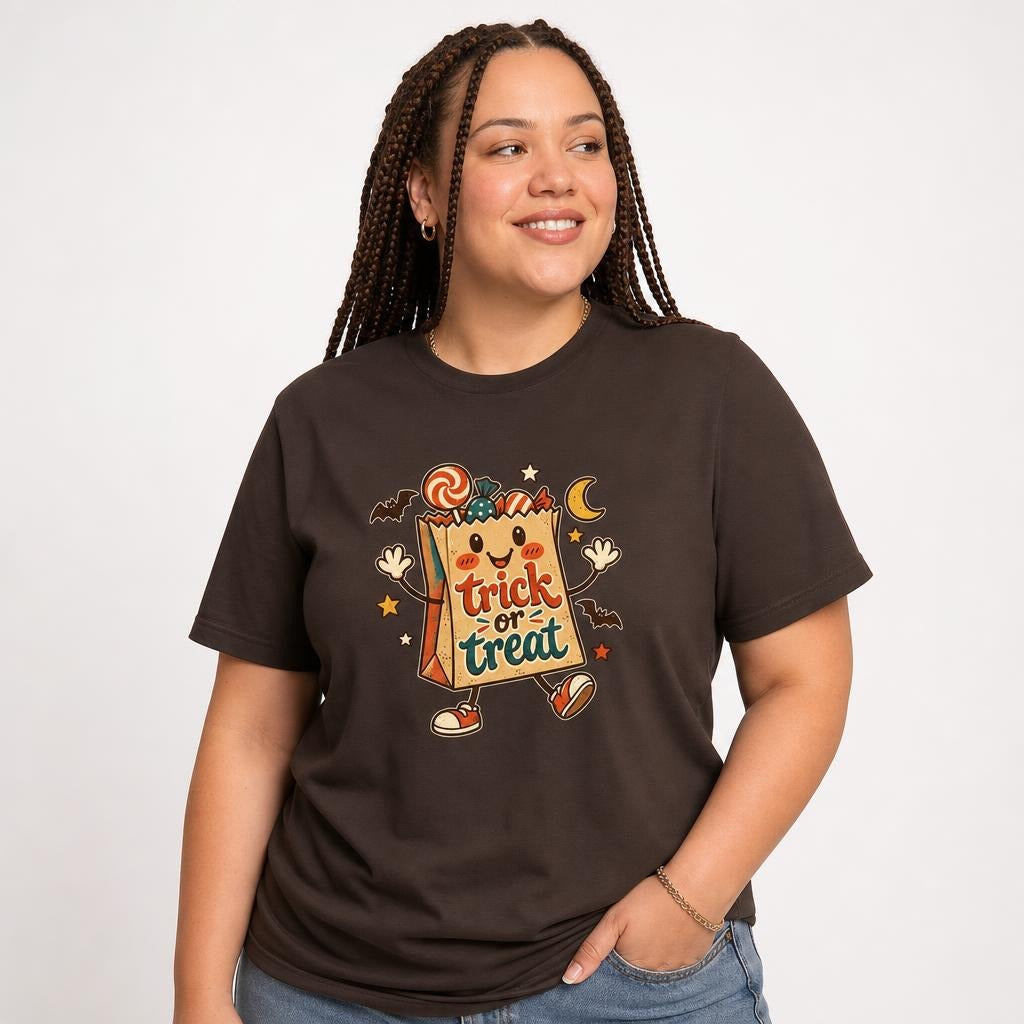 Trick Or Treat Candy Bag t shirt in Brown worn by a studio model in an upper-body side pose on a clean white background