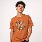 Trick Or Treat Candy Bag t shirt in Heather Autumn worn by a studio model in an upper-body three quarter left pose on a clean white background