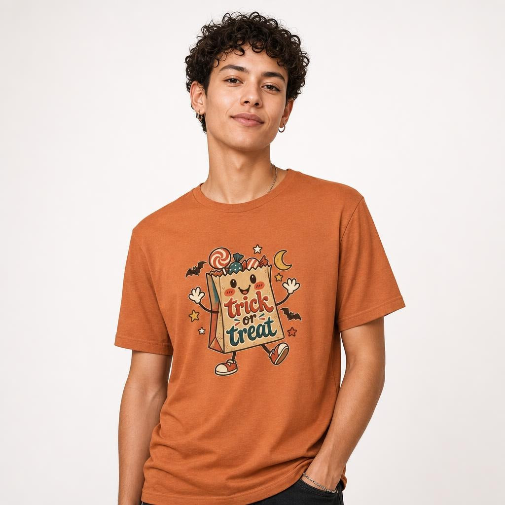 Trick Or Treat Candy Bag t shirt in Heather Autumn worn by a studio model in an upper-body three quarter left pose on a clean white background