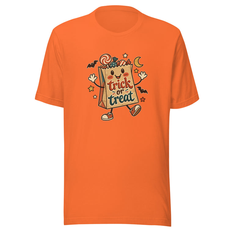 Orange T-shirt featuring a cartoon trick-or-treat bag filled with candy, decorated with bats, stars, a moon, and sweets.