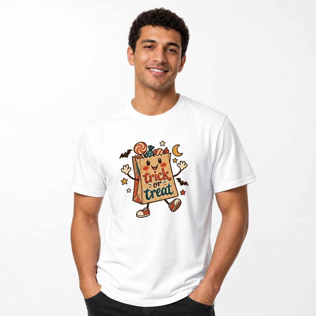 Trick Or Treat Candy Bag t shirt in White worn by a studio model in an upper-body walking pose on a clean white background