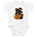 Front view of a white baby short sleeve bodysuit featuring a black cat in a witch hat holding an orange pumpkin labeled “Trick or Treat?”