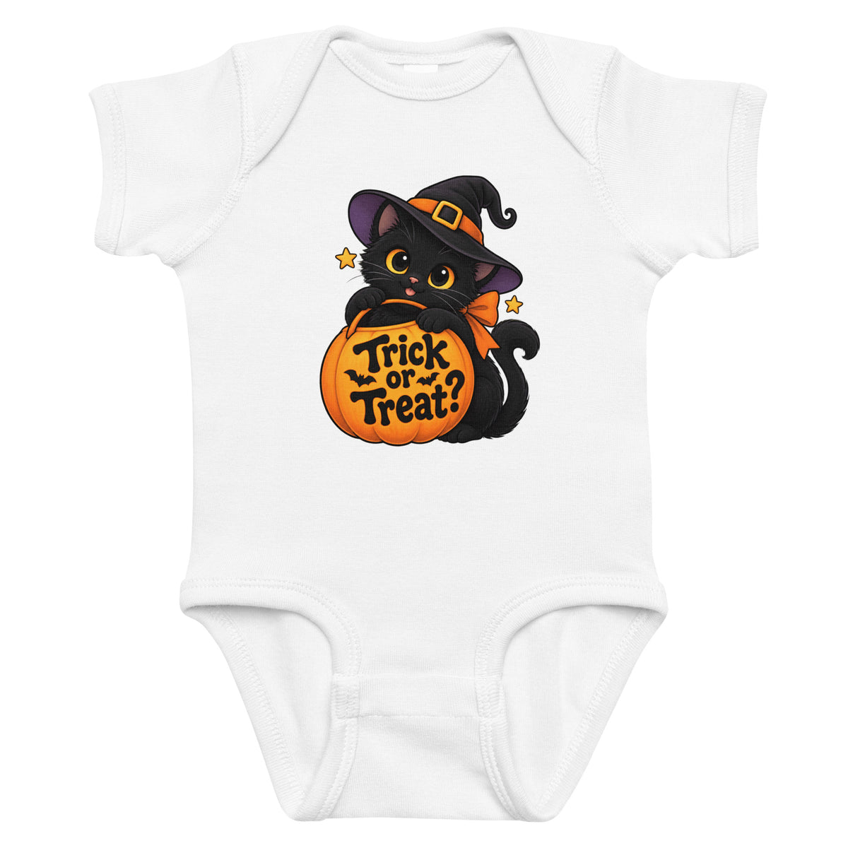 Front view of a white baby short sleeve bodysuit featuring a black cat in a witch hat holding an orange pumpkin labeled “Trick or Treat?”