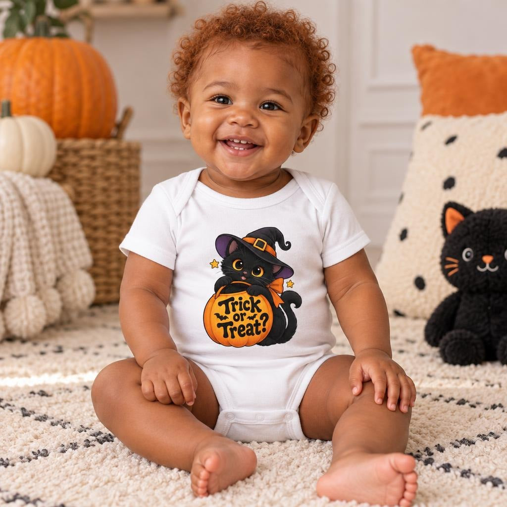 Smiling baby wears a white short-sleeve shirt featuring a black cat in a witch hat holding a pumpkin marked “Trick or Treat?”