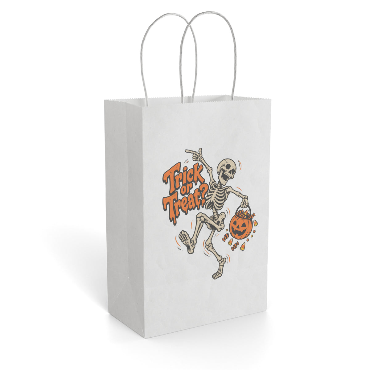Front view of a paper gift bag with twisted handles, featuring “Trick or Treat?” beside a dancing skeleton holding a pumpkin bucket with sweets.