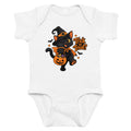 Front view of a baby short sleeve bodysuit with a black cat in a witch hat and orange cape, holding a pumpkin bucket beside “Trick or Treat?”