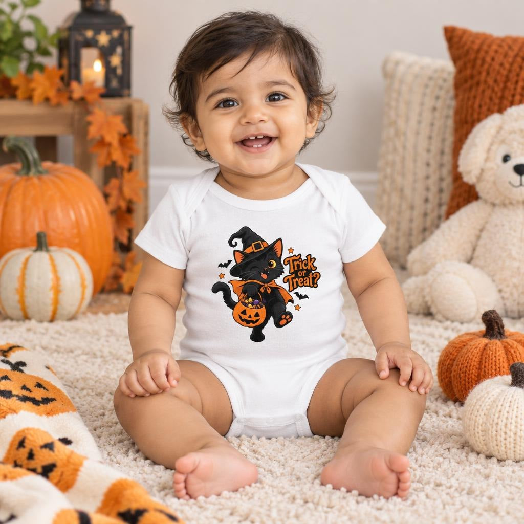 Baby wearing a white short sleeve bodysuit with a black cat in a witch hat holding a pumpkin bucket and “Trick or Treat?” artwork.