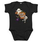Front view of a black baby short sleeve bodysuit with “Trick or Treat?” lettering, a friendly ghost, black cat, pumpkin and smiling skeleton.