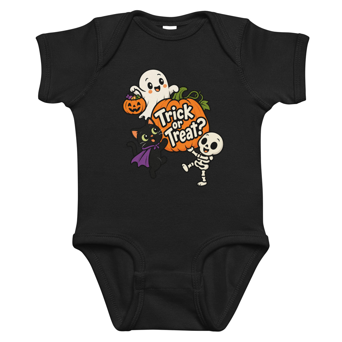 Front view of a black baby short sleeve bodysuit with “Trick or Treat?” lettering, a friendly ghost, black cat, pumpkin and smiling skeleton.