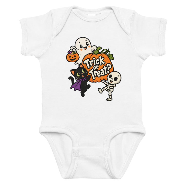White baby short sleeve bodysuit with “Trick or Treat?” artwork featuring a black cat, pumpkin, friendly ghost and smiling skeleton.