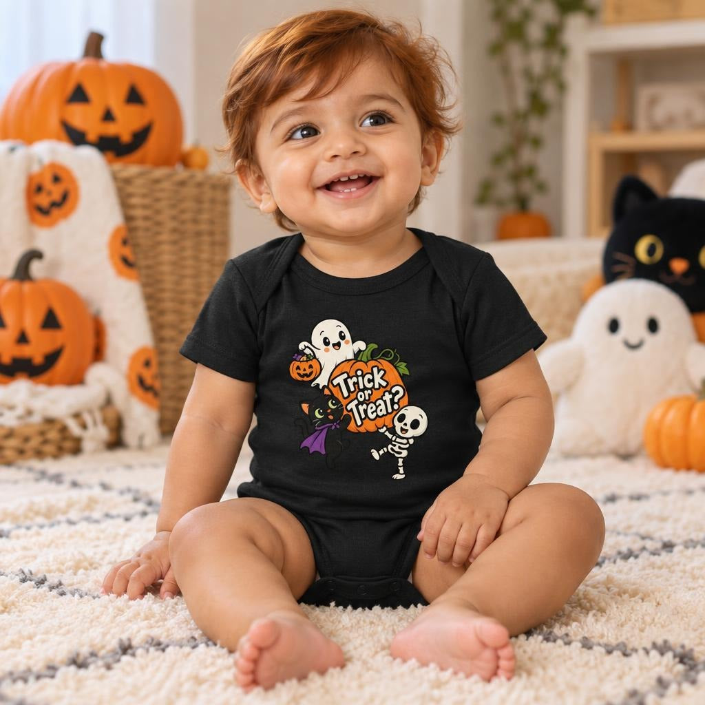 Smiling baby wearing a black short sleeve bodysuit with “Trick or Treat?” lettering, a friendly ghost, pumpkin, black cat and skeleton.