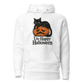 White pullover hoodie with a black cat lounging on an orange jack-o'-lantern above the text “Un-Happy Halloween.”