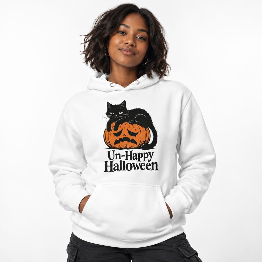 Front view of a model wearing a White hoodie with a black cat lounging on an orange jack-o’-lantern and “Un-Happy Halloween” text.