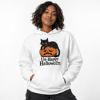 Front view of a model wearing a White hoodie with a black cat lounging on an orange jack-o’-lantern and “Un-Happy Halloween” text.