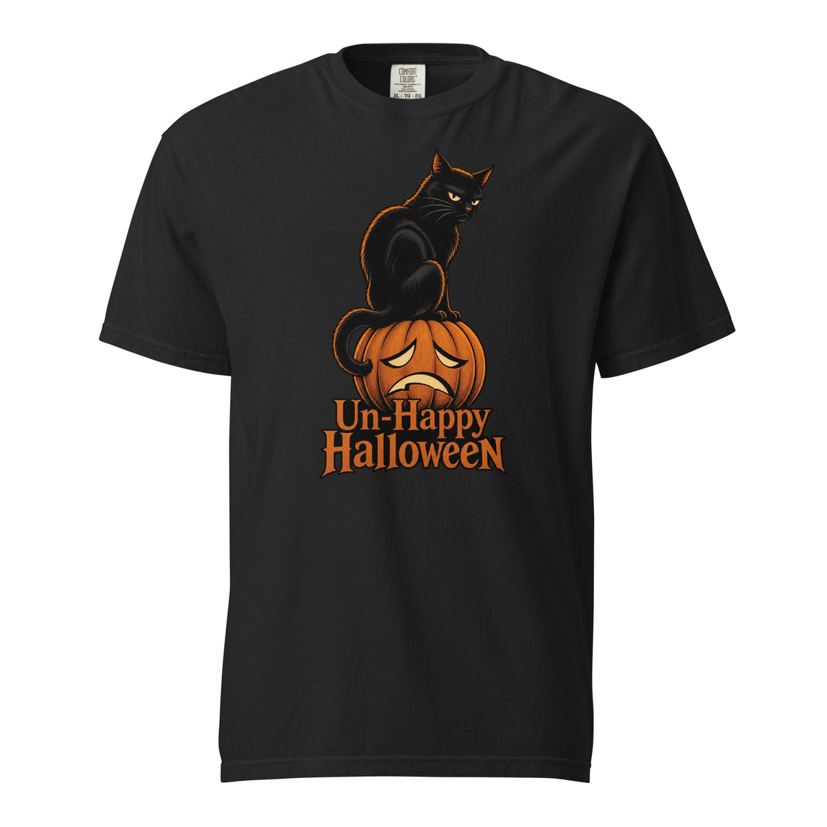 Front view of a black T-shirt featuring a seated black cat with orange highlights perched on a sad-faced orange pumpkin and “Un-Happy Halloween” lettering.