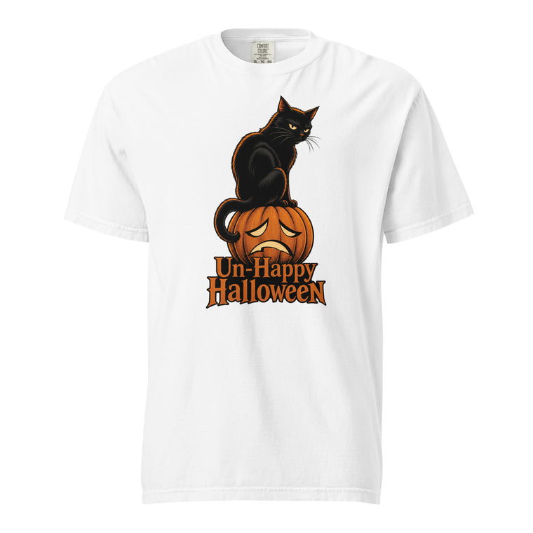 White T-shirt featuring a seated black cat with orange highlights perched on a sad-faced orange pumpkin, with “Un-Happy Halloween” lettering.