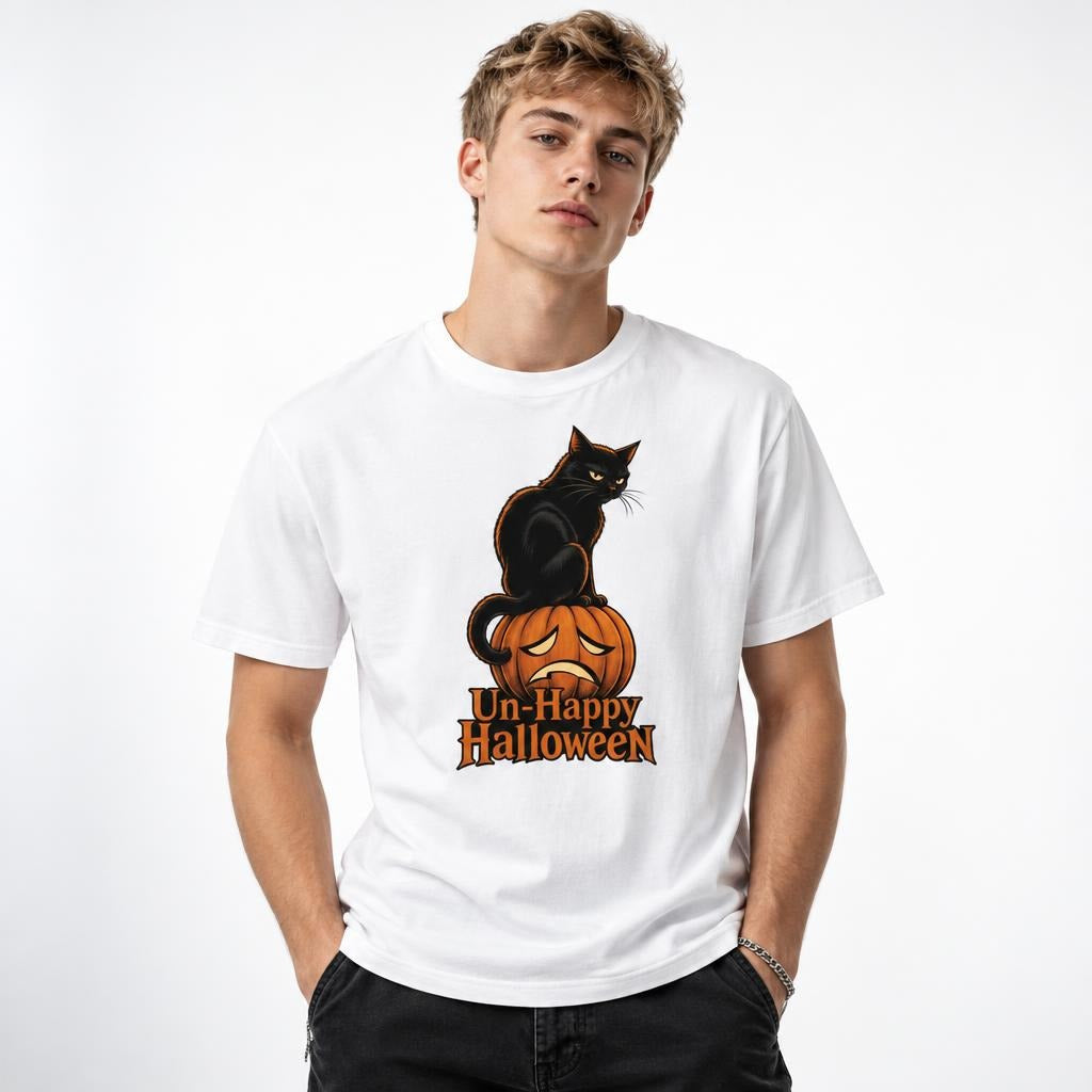 Front view of a white T-shirt featuring a seated black cat with orange highlights perched on a sad-faced pumpkin.