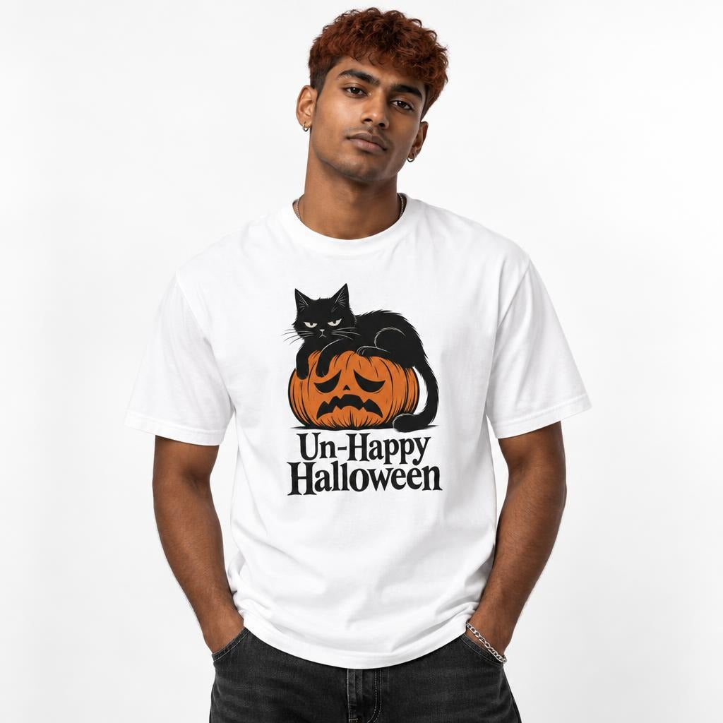 Front view of a white T-shirt featuring a black cat lying on a sad orange pumpkin with “Un-Happy Halloween” text.