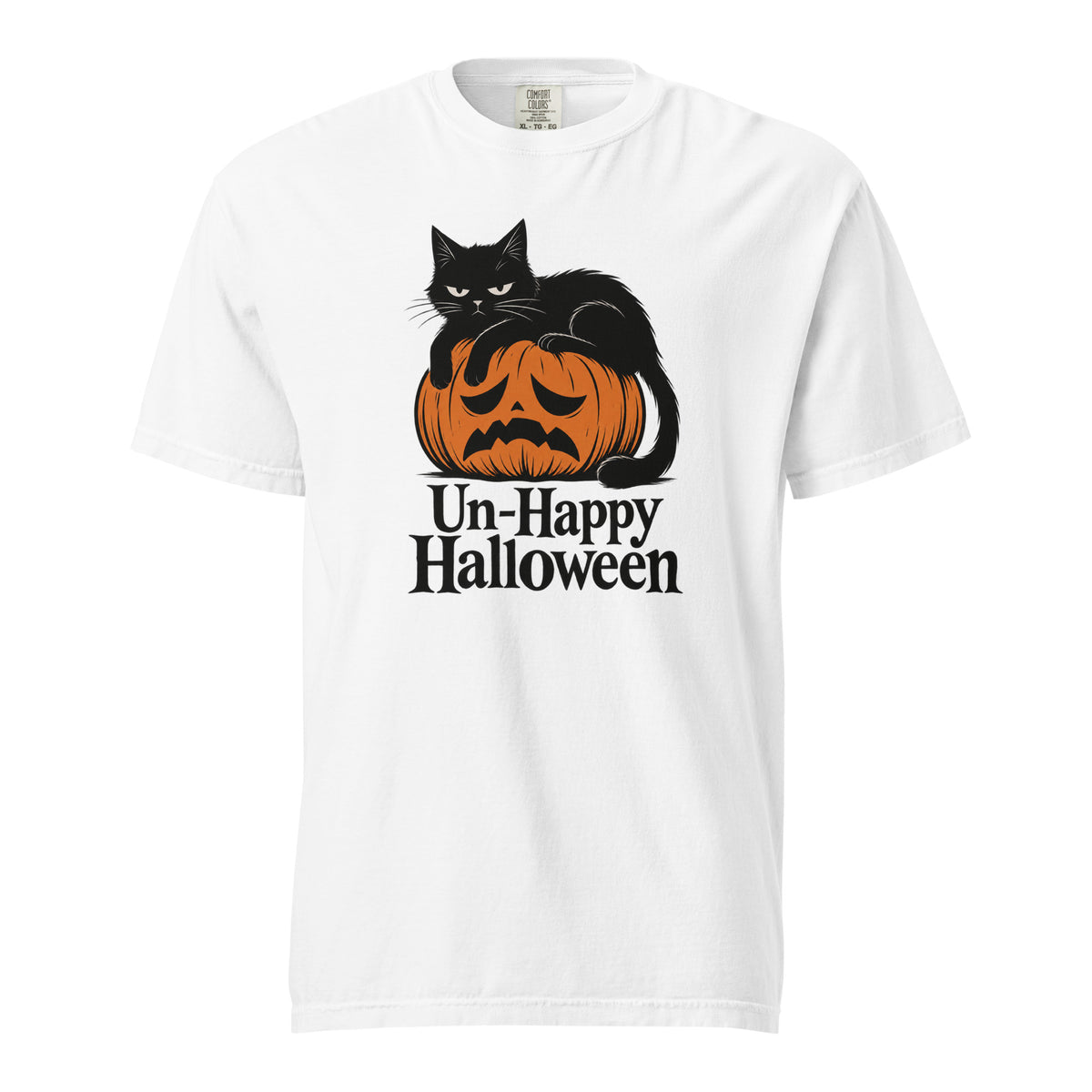 White T-shirt featuring a black cat lying across a sad-faced orange pumpkin with “Un-Happy Halloween” lettering.