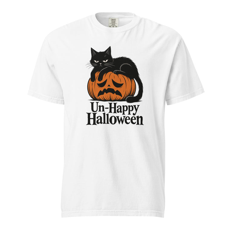 White T-shirt featuring a black cat lying across a sad-faced orange pumpkin with “Un-Happy Halloween” lettering.