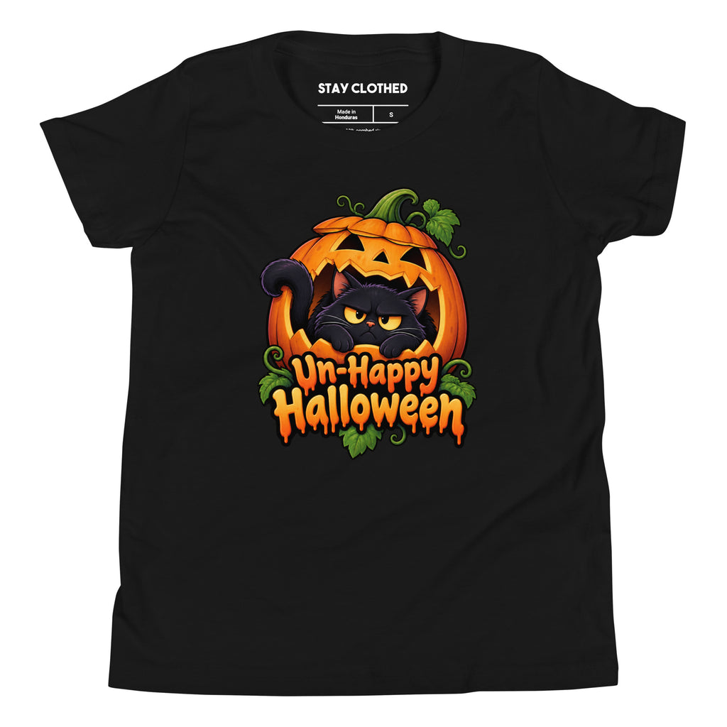 Front view of a black T-shirt featuring a grumpy black cat in an orange pumpkin with “Un-Happy Halloween” lettering.