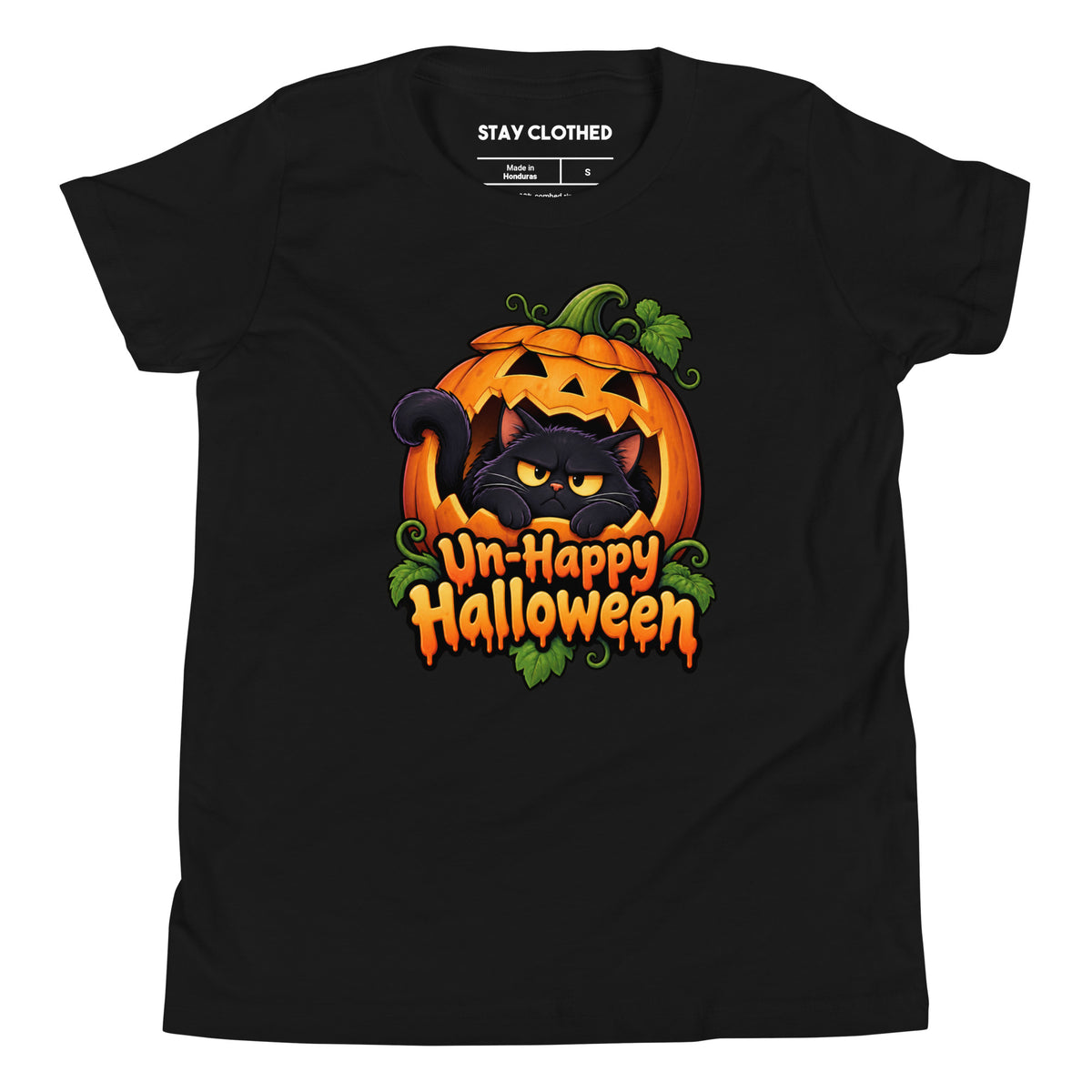 Front view of a black T-shirt featuring a grumpy black cat in an orange pumpkin with “Un-Happy Halloween” lettering.