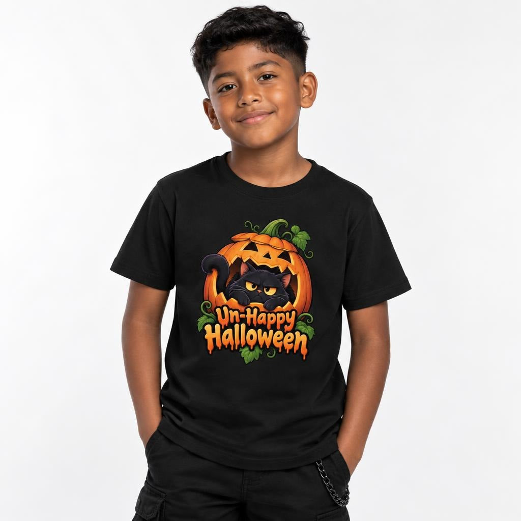Front view of a child wearing a black T-shirt with a grumpy black cat in an orange pumpkin and “Un-Happy Halloween” text.