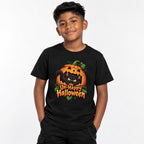 Front view of a child wearing a black T-shirt with a grumpy black cat in an orange pumpkin and “Un-Happy Halloween” text.