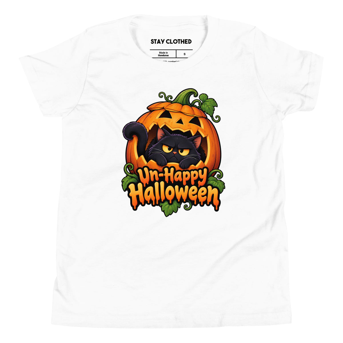 Front view of a white kids' T-shirt with a grumpy black cat in an orange pumpkin and “Un-Happy Halloween” lettering.