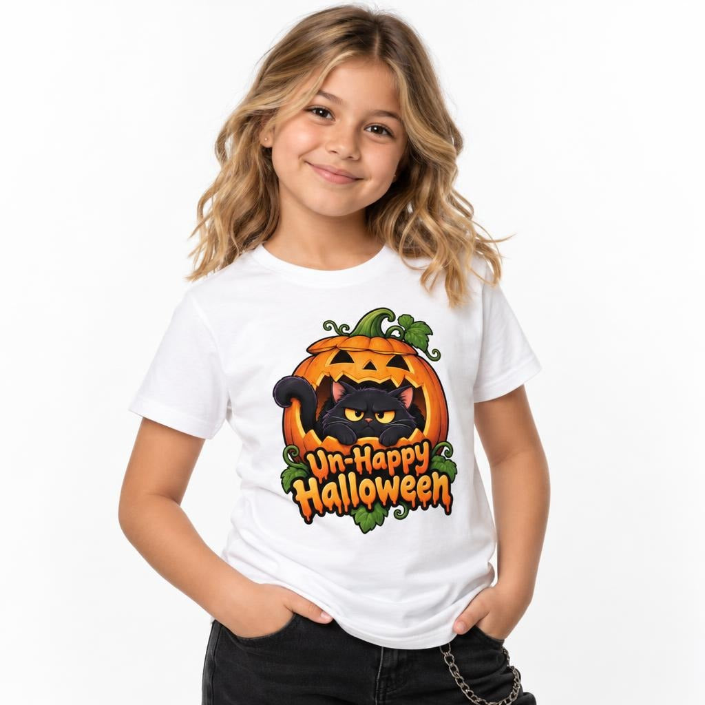 Front view of a child wearing a white T-shirt with a grumpy black cat in a carved pumpkin and “Un-Happy Halloween” lettering.