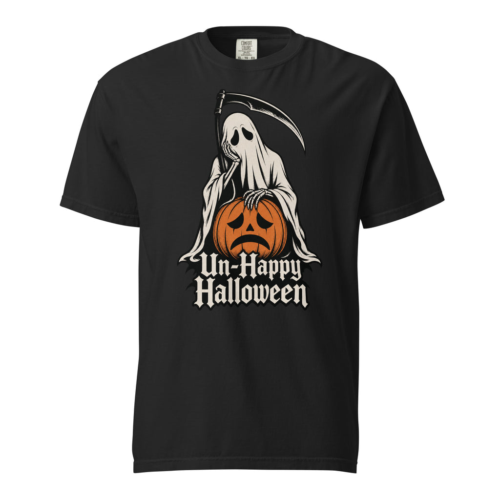 Front view of a black T-shirt featuring a hooded Grim Reaper with a scythe and an orange sad-faced Pumpkin above “Un-Happy Halloween” lettering.