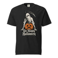 Front view of a black T-shirt featuring a hooded Grim Reaper with a scythe and an orange sad-faced Pumpkin above “Un-Happy Halloween” lettering.