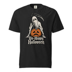 Front view of a black T-shirt featuring a hooded Grim Reaper with a scythe and an orange sad-faced Pumpkin above “Un-Happy Halloween” lettering.