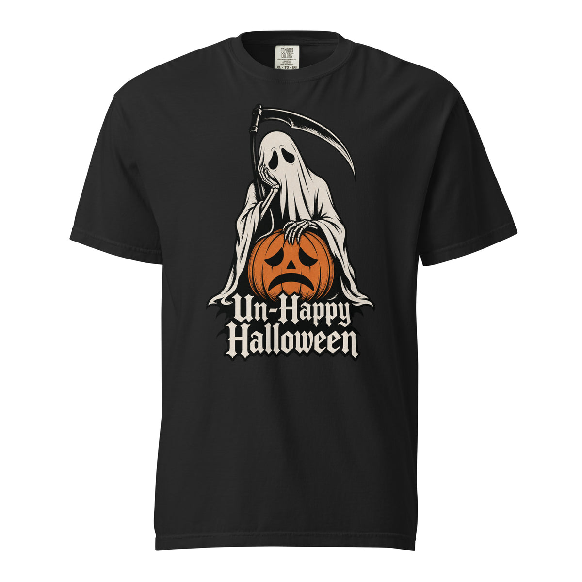 Front view of a black T-shirt featuring a hooded Grim Reaper with a scythe and an orange sad-faced Pumpkin above “Un-Happy Halloween” lettering.